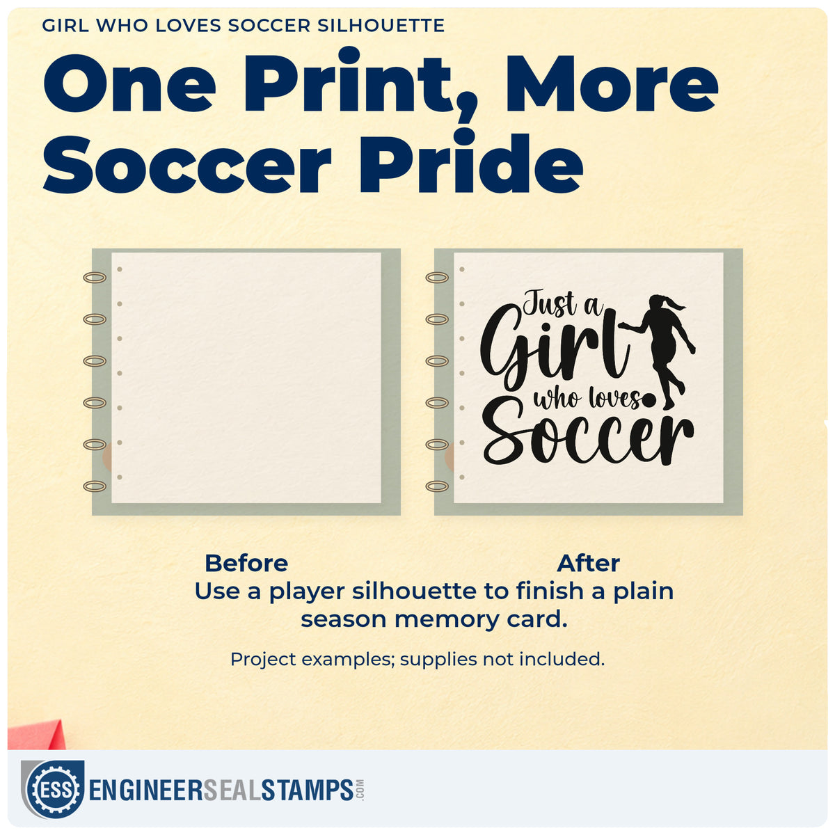 Before and after of a plain item finished with the Girl Who Loves Soccer Silhouette Hand Stamp – Duo, a quick upgrade for water cooler labels.