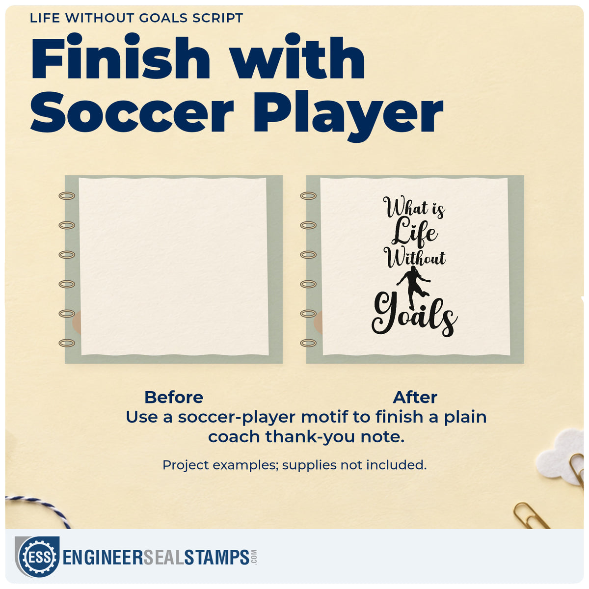 Before and after of a plain item finished with the Life Without Goals Script Pre-Inked Stamp – PSI, a quick upgrade for sports banquet menus.