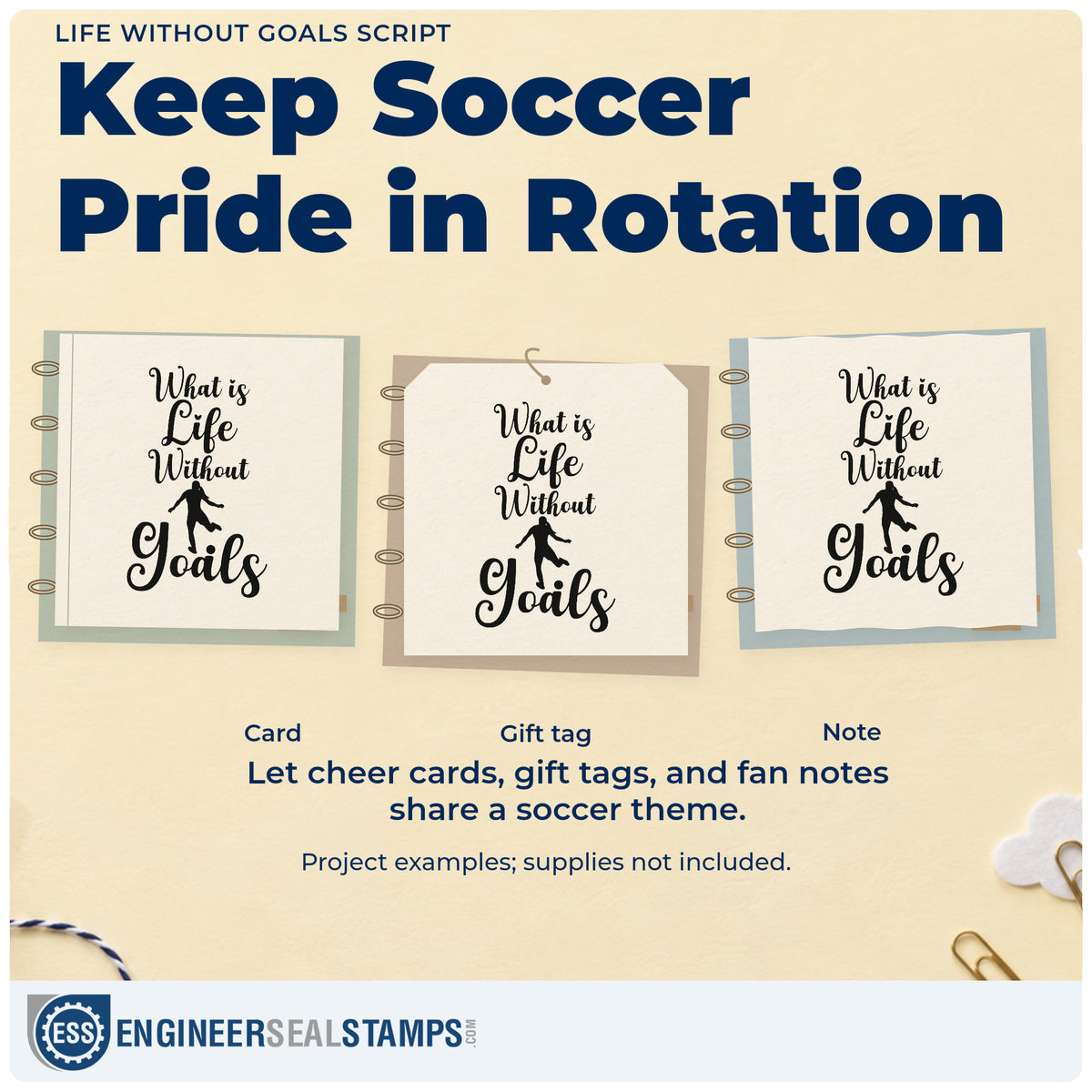 Three project examples made with the Life Without Goals Script Premium Wooden Stamp - Vintage Pro, including coach clipboard labels.