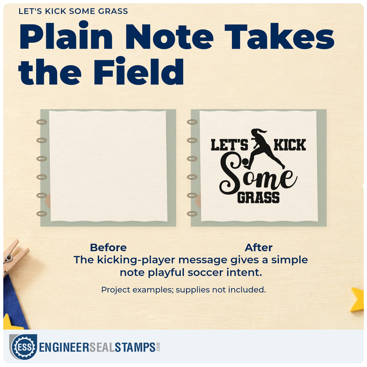 Before and after of a plain item finished with the Let's Kick Some Grass Hand Stamp – Duo, a quick upgrade for tailgate cup bands.