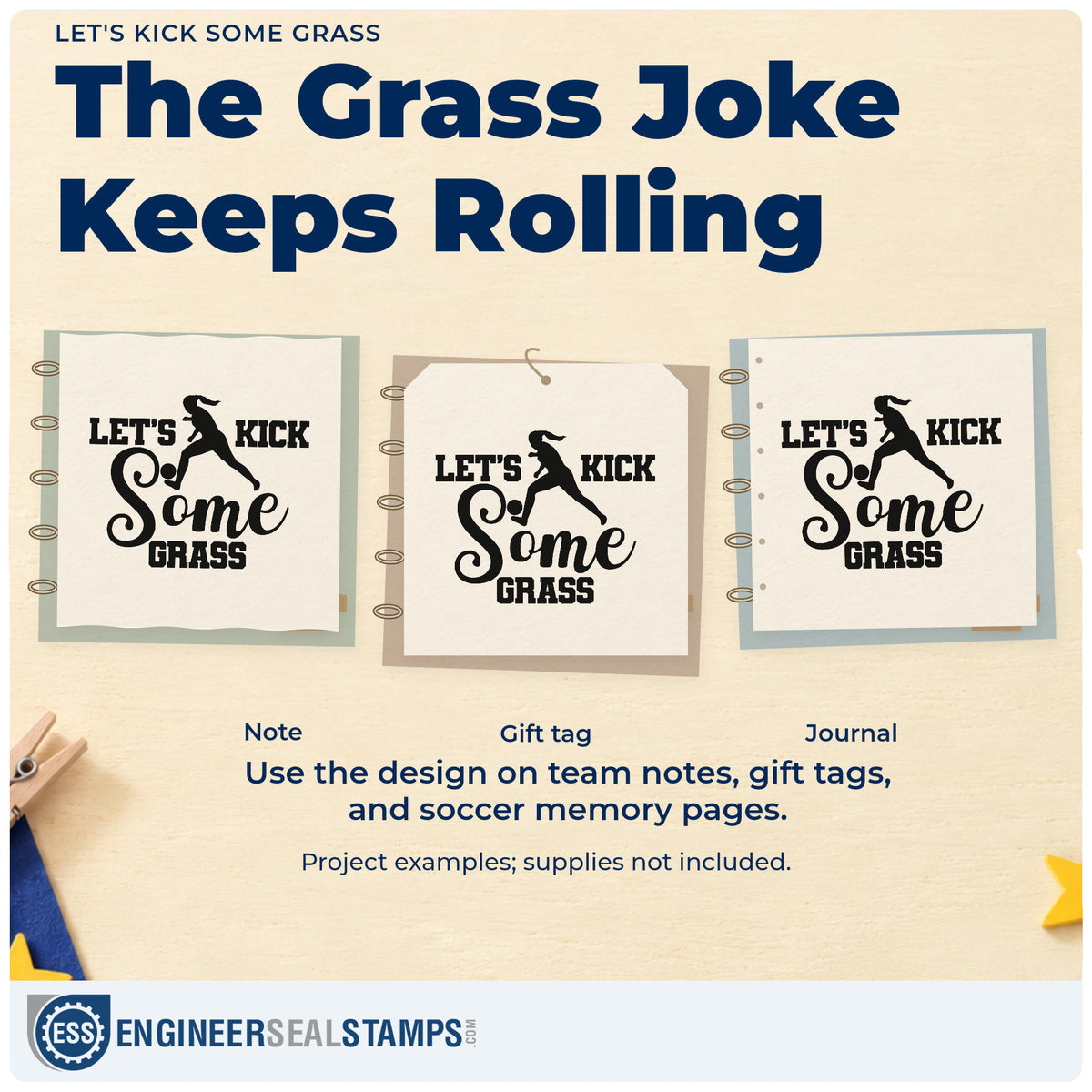 Three project examples made with the Let's Kick Some Grass Craft Stamp – Self-Inking, including grass seed labels.