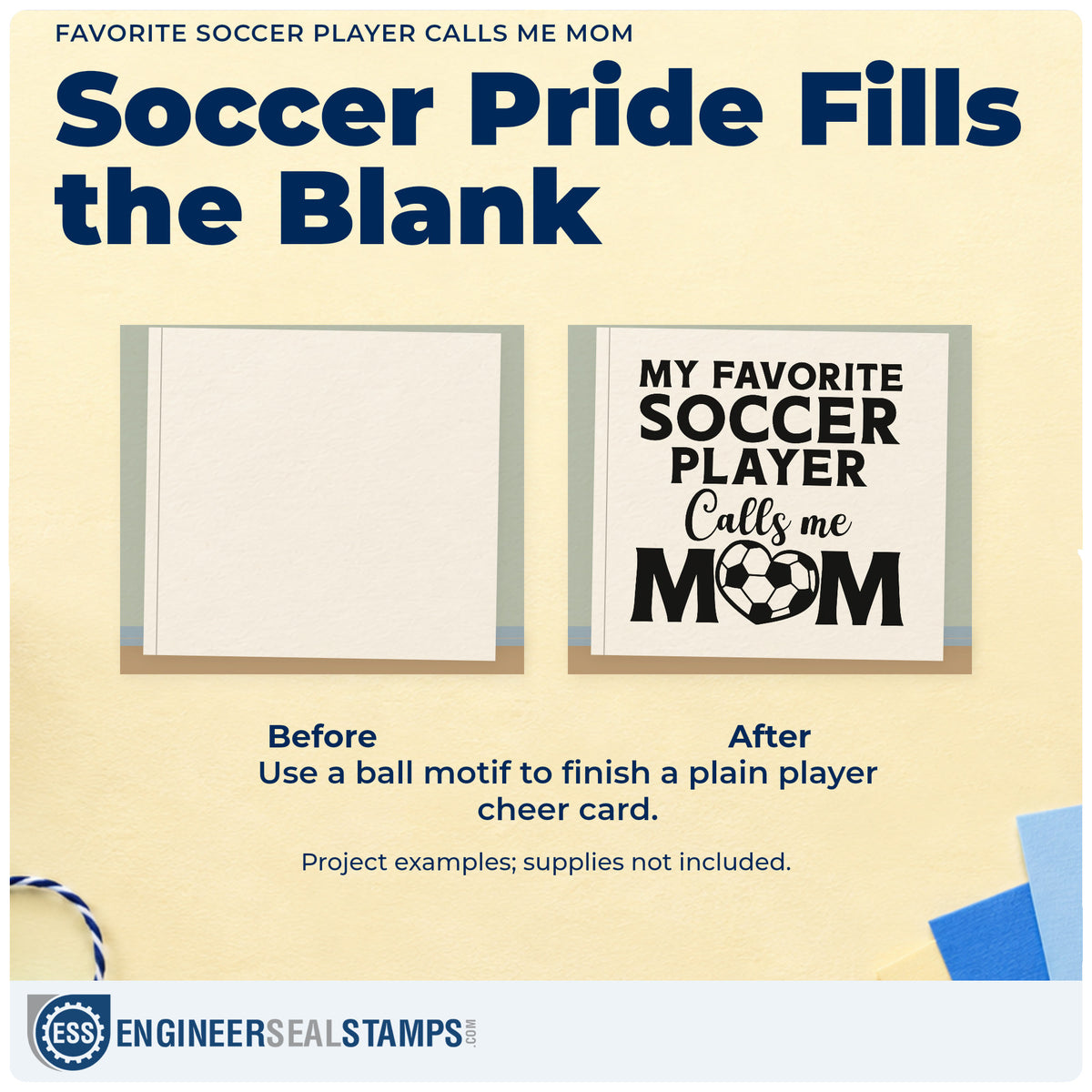 Before and after of a plain item finished with the Favorite Soccer Player Calls Me Mom Self-Inking Stamp, a quick upgrade for tournament bag bands.