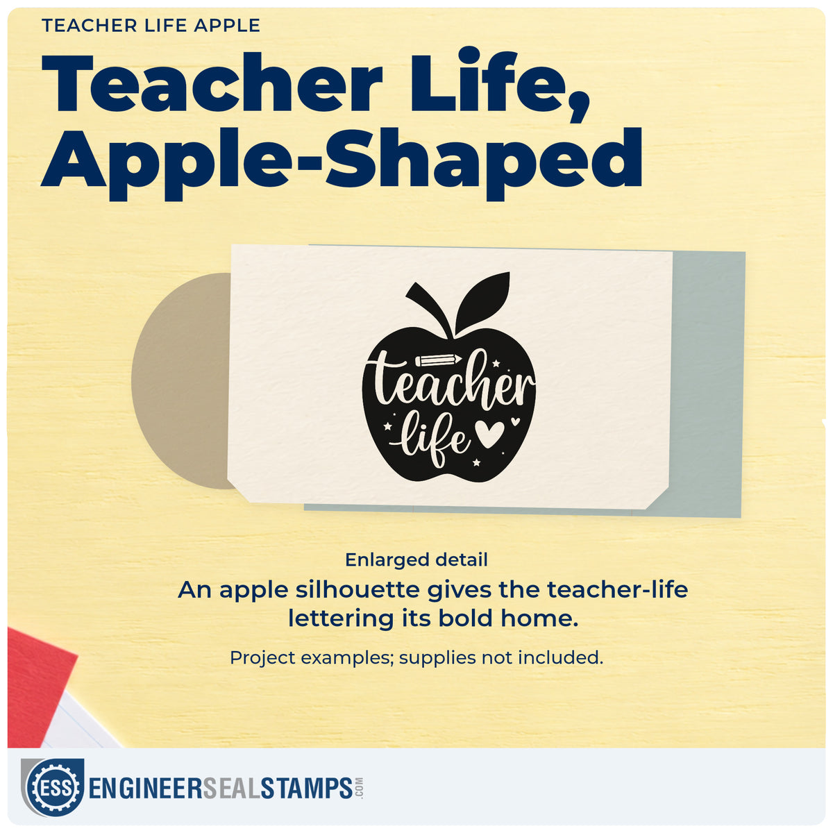 Enlarged detail of the Teacher Life Apple Pencil Rubber Stamp – Duo Hand imprint. White "Teacher life" script, a pencil, hearts, and sparkles fill a solid apple silhouette.