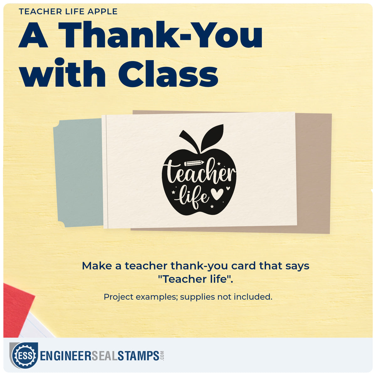 A finished handmade project stamped with the Slim Pre-Inked Teacher Life Apple Pencil Stamp, ideal for first day gift tags.