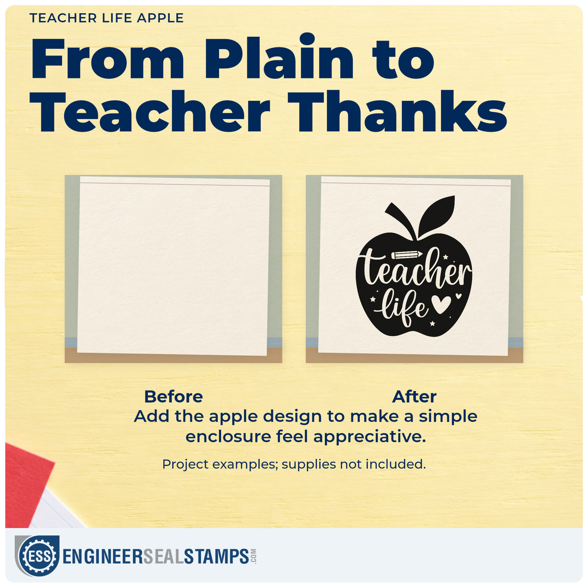 Before and after of a plain item finished with the Premium Wooden Teacher Life Apple Pencil Stamp - Vintage Pro, a quick upgrade for supply bin labels.