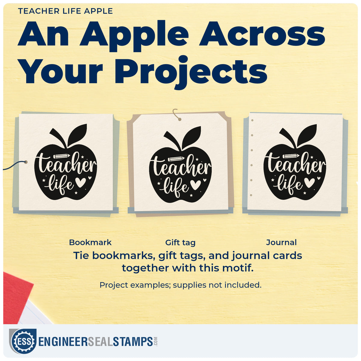 Three project examples made with the Premium Wooden Teacher Life Apple Pencil Stamp - Vintage Pro, including reward sticker sheets.
