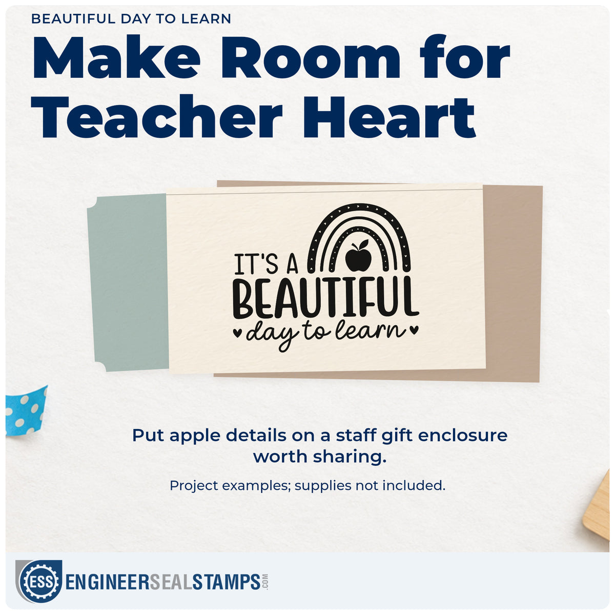 A finished handmade project stamped with the It's A Beautiful Day To Learn Wood-Mounted Rubber Stamp, ideal for welcome desk tags.