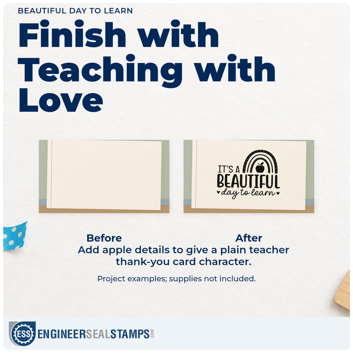Before and after of a plain item finished with the It's A Beautiful Day To Learn Pre-Inked Stamp – Slim, a quick upgrade for snack cup labels.