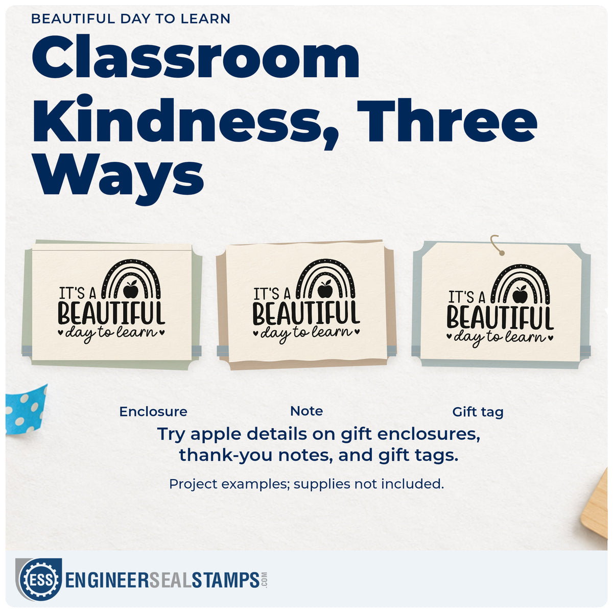 Three project examples made with the It's A Beautiful Day To Learn Hand Stamp – Duo, including rainbow craft kits.