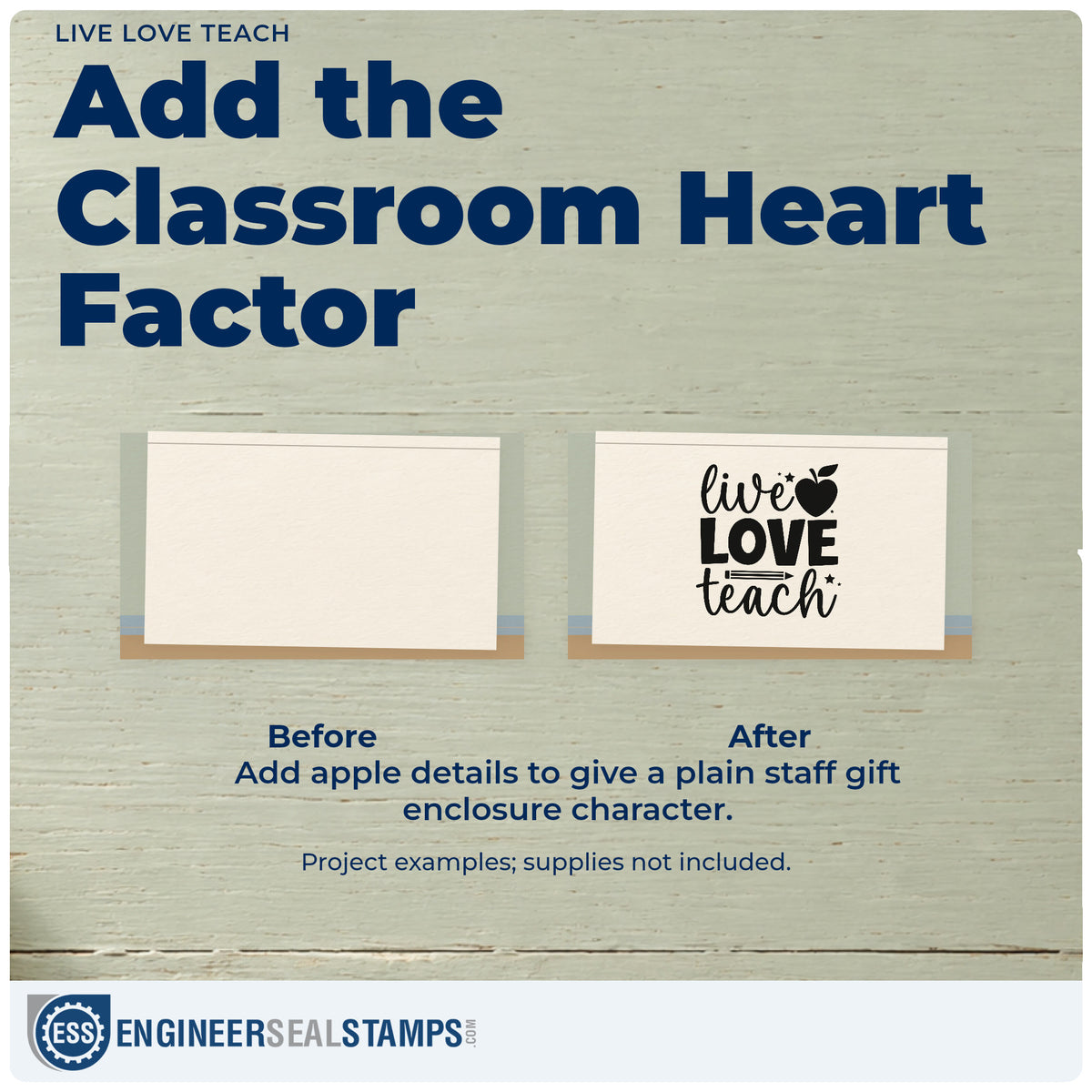 Before and after of a plain item finished with the Live Love Teach Apple Rubber Stamp – Wood Handle, a quick upgrade for book bin labels.