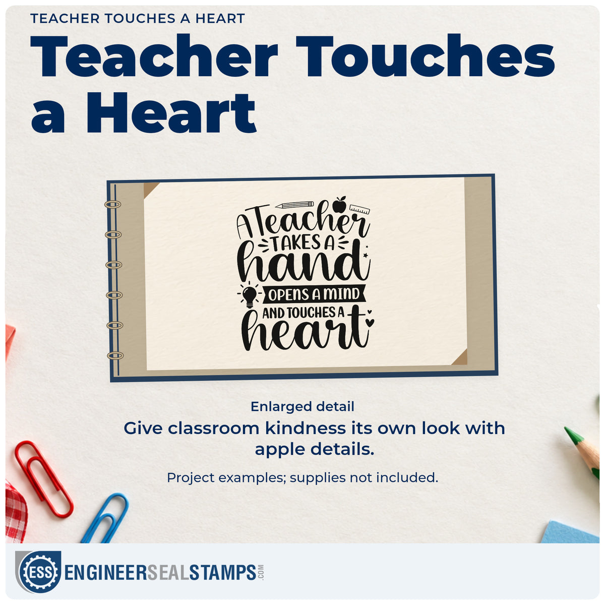 Enlarged detail of the A Teacher Takes A Hand School Tools Pre-Inked Stamp – Slim imprint. A pencil, ruler, apple, and lightbulb accent "A teacher takes a hand, opens a mind, and touches a heart."