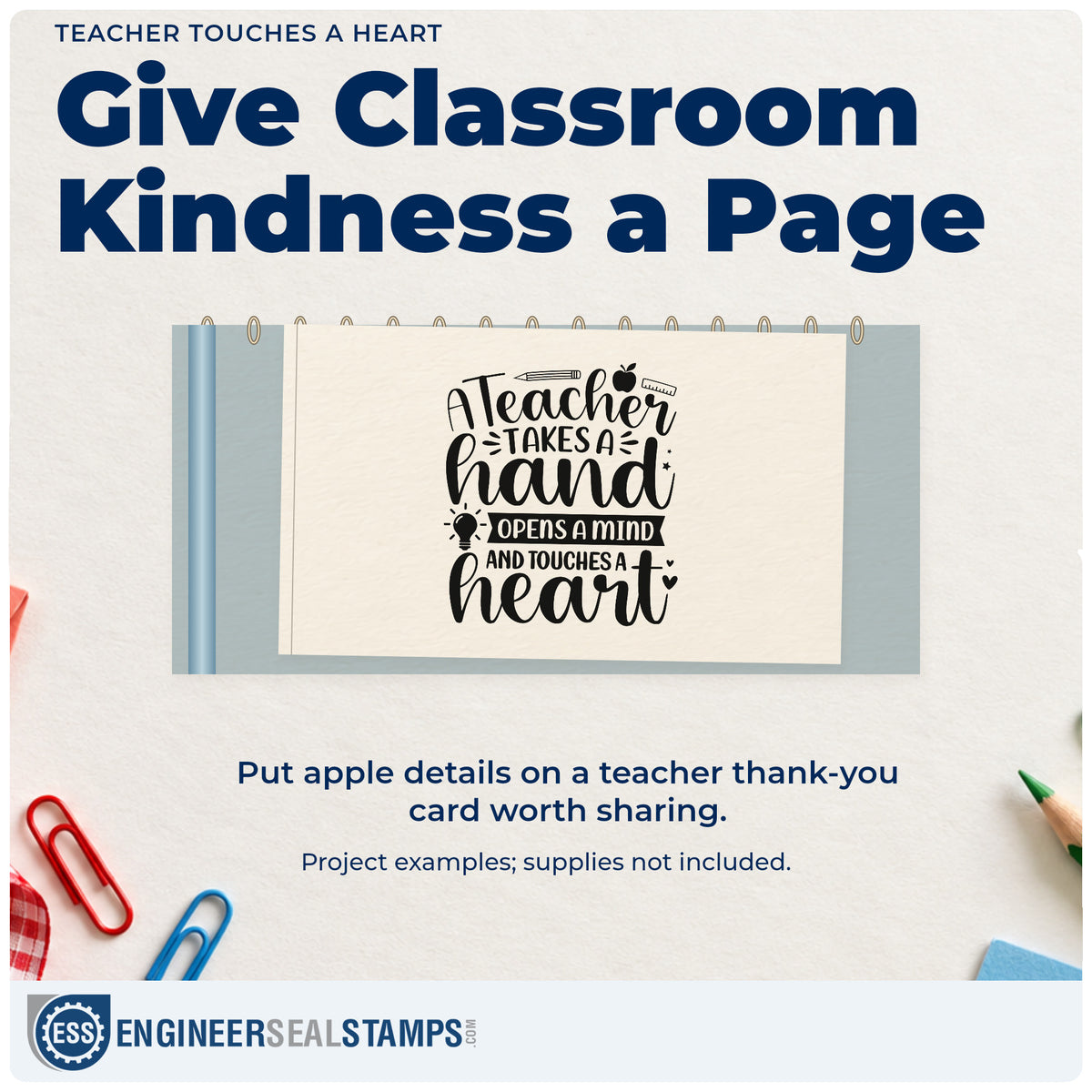 A finished handmade project stamped with the A Teacher Takes A Hand School Tools Rubber Stamp – Duo Hand, ideal for appreciation week tags.