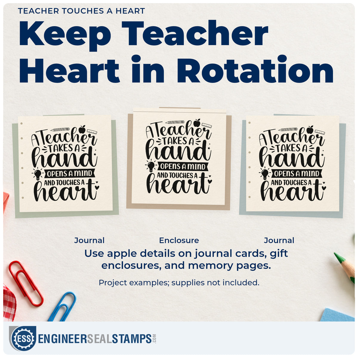 Three project examples made with the A Teacher Takes A Hand School Tools PSI Pre-Inked Stamp, including tool caddy labels.