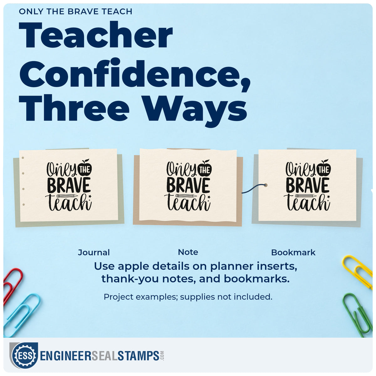 Three project examples made with the Only The Brave Teach Apple Self-Inking Stamp, including coffee pod labels.