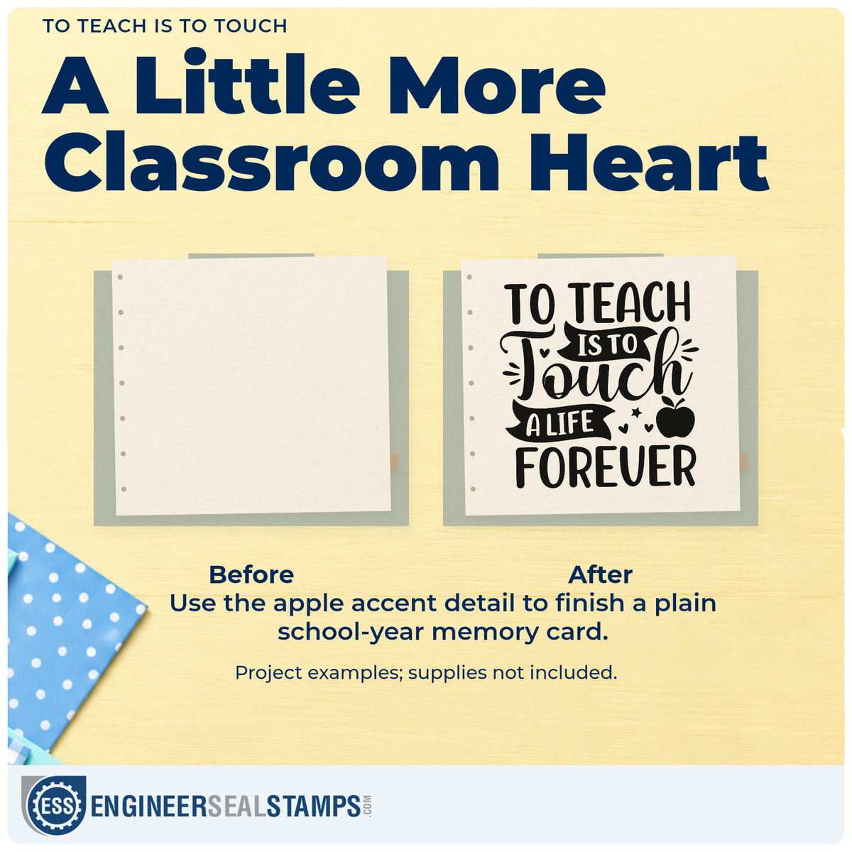 Before and after of a plain item finished with the To Teach Is To Touch Hand Stamp – Duo, a quick upgrade for alumni letter seals.