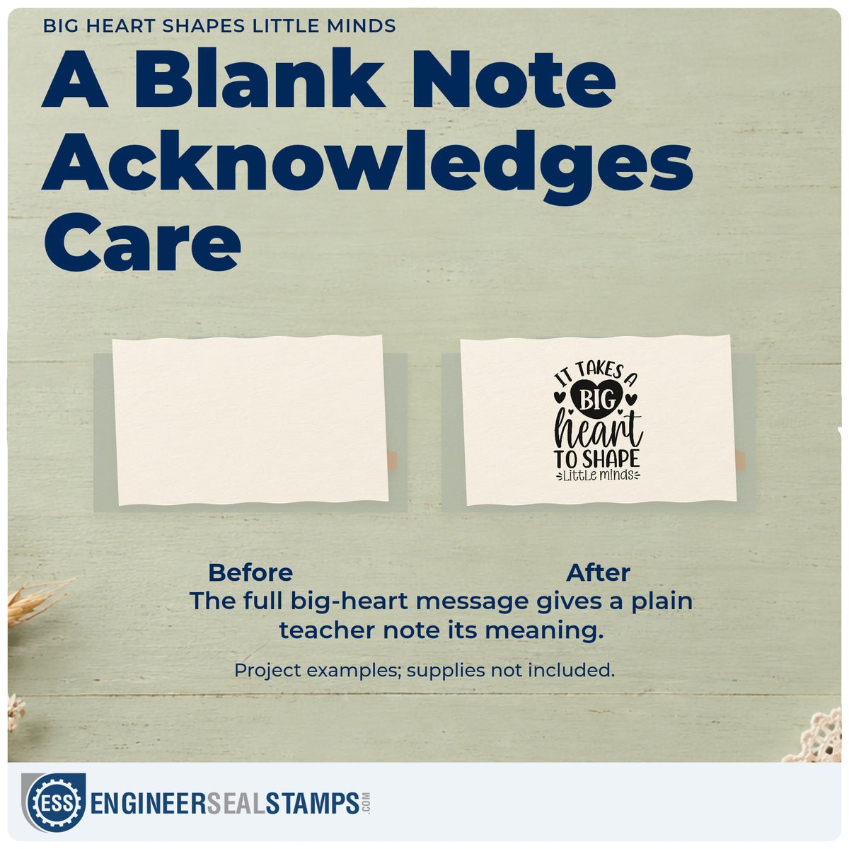 Before and after of a plain item finished with the Big Heart Shapes Little Minds Self-Inking Stamp, a quick upgrade for daycare sign bands.