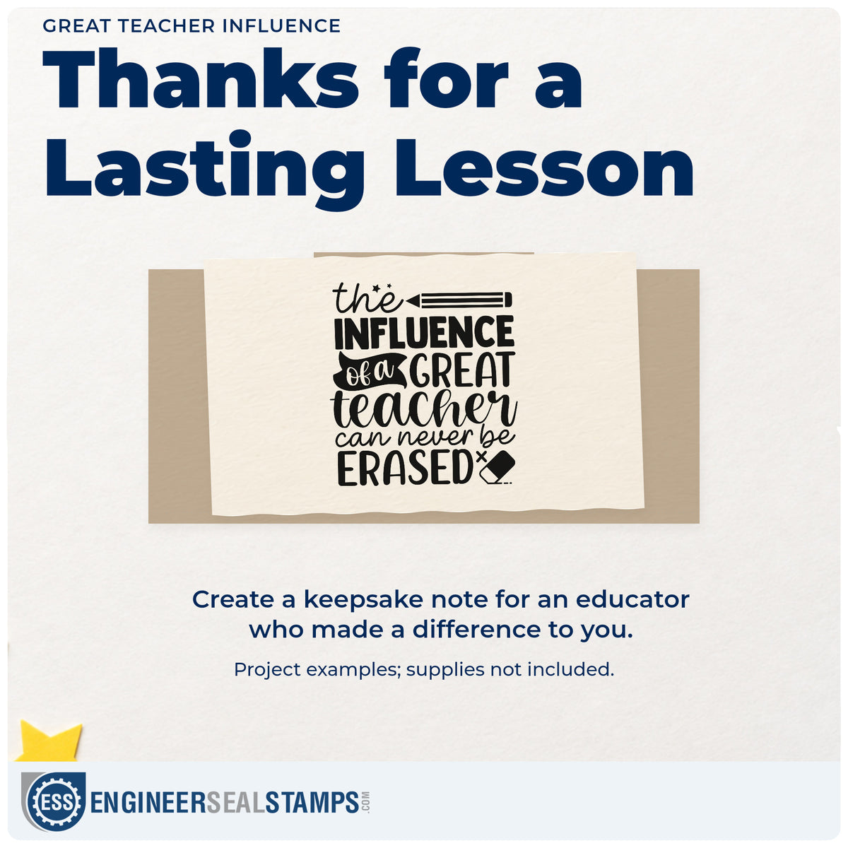 A finished handmade project stamped with the Premium Wooden Great Teacher Influence Stamp - Vintage Pro, ideal for reunion table tags.