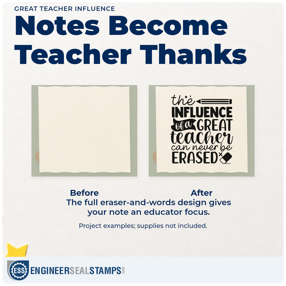 Before and after of a plain item finished with the Great Teacher Influence Compact Pre-Inked Stamp – Slim, a quick upgrade for tribute video cards.