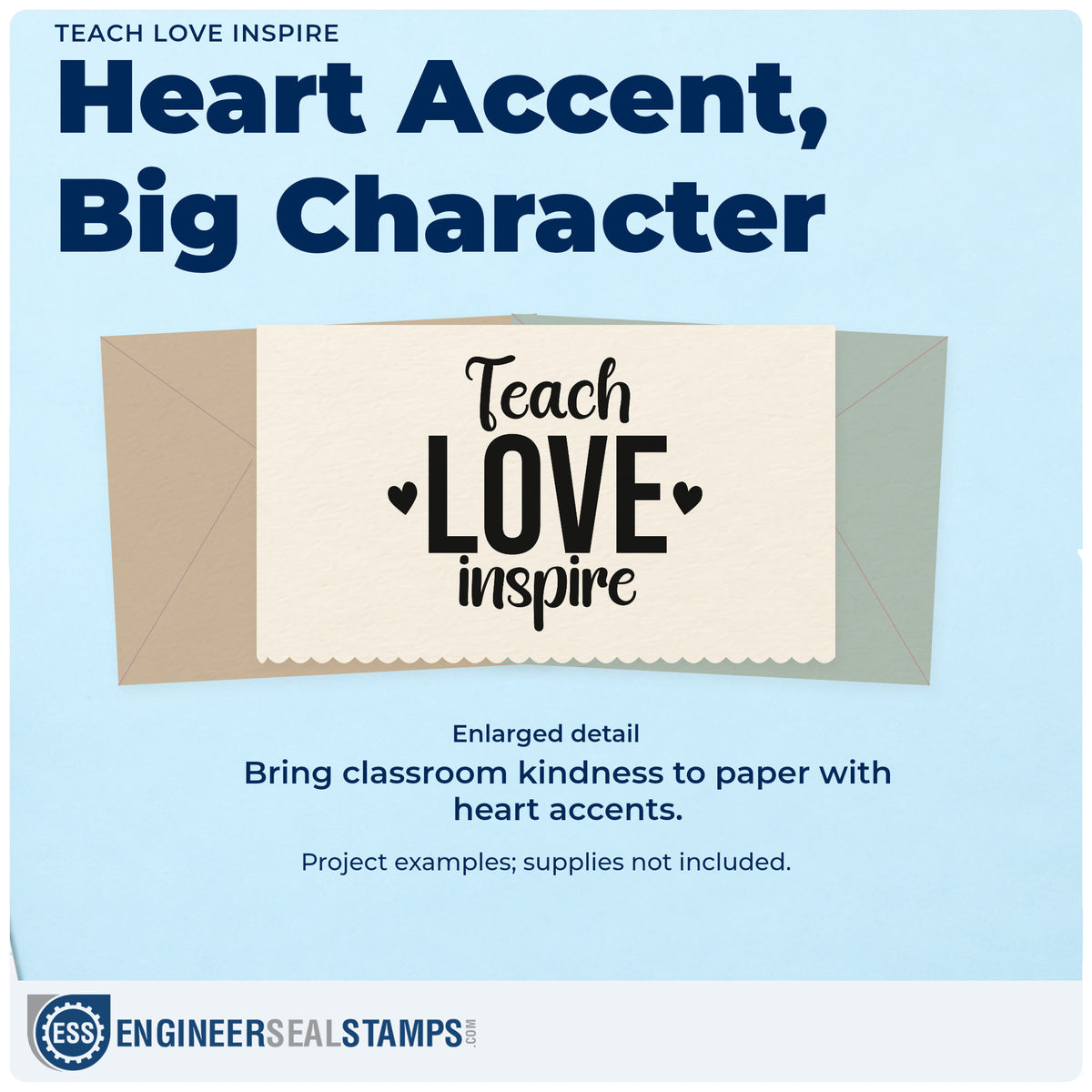 Enlarged detail of the Teach Love Inspire Premium Wood-Mounted Stamp - Vintage Pro imprint. Two hearts flank large "Love" lettering between "Teach" and "Inspire."