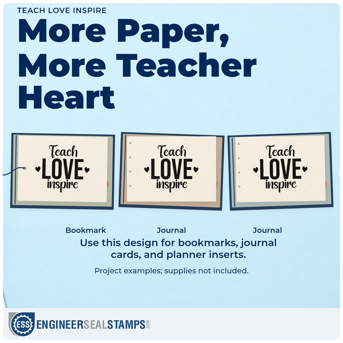 Three project examples made with the Teach Love Inspire Stamp – Self-Inking, including heart token crafts.