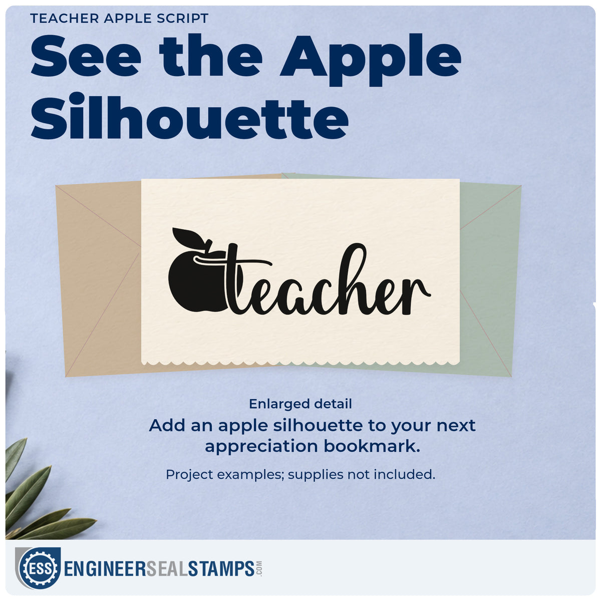 Enlarged detail of the Flowing Teacher Apple Script Wood Handle Stamp imprint. A solid apple sits beside flowing "Teacher" lettering.