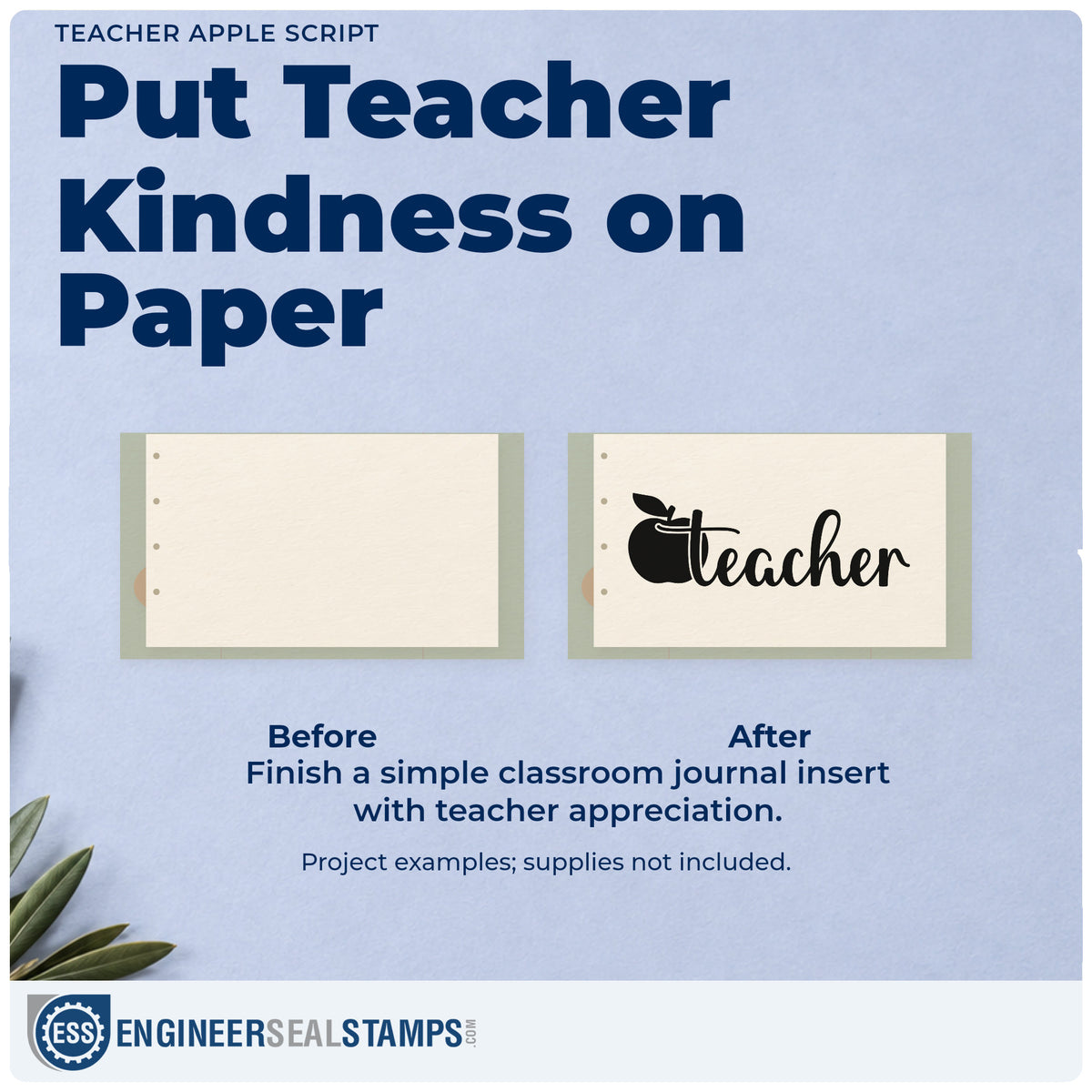 Before and after of a plain item finished with the Flowing Teacher Apple Script Rubber Stamp – Duo Hand, a quick upgrade for classroom door labels.