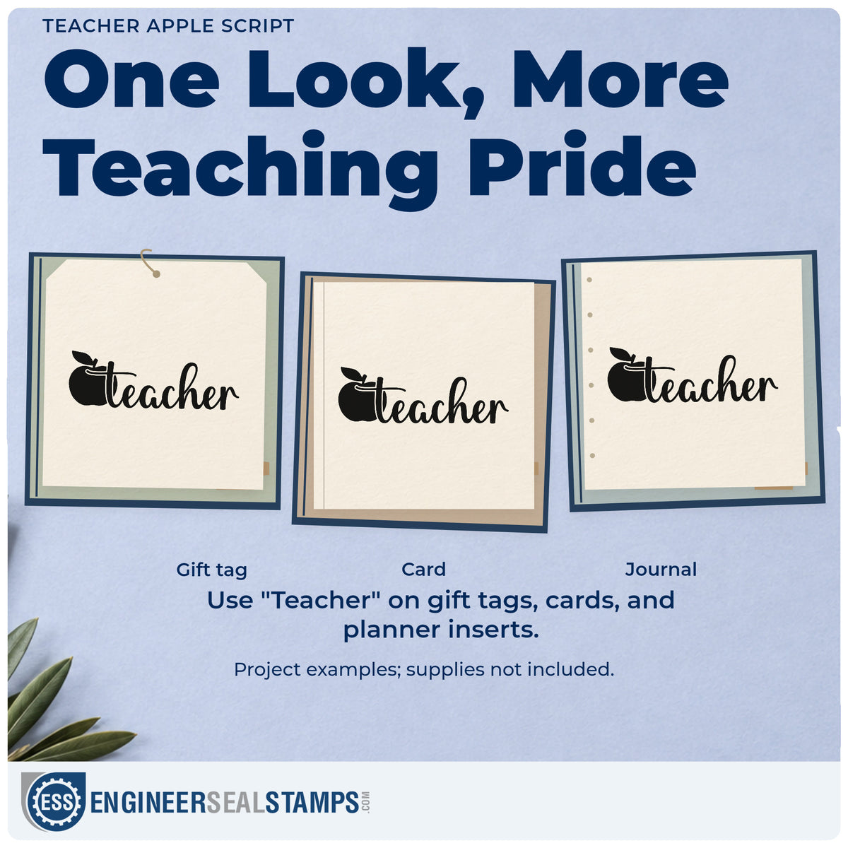 Three project examples made with the Flowing Teacher Apple Script Self-Inking Craft Stamp, including apple coaster crafts.