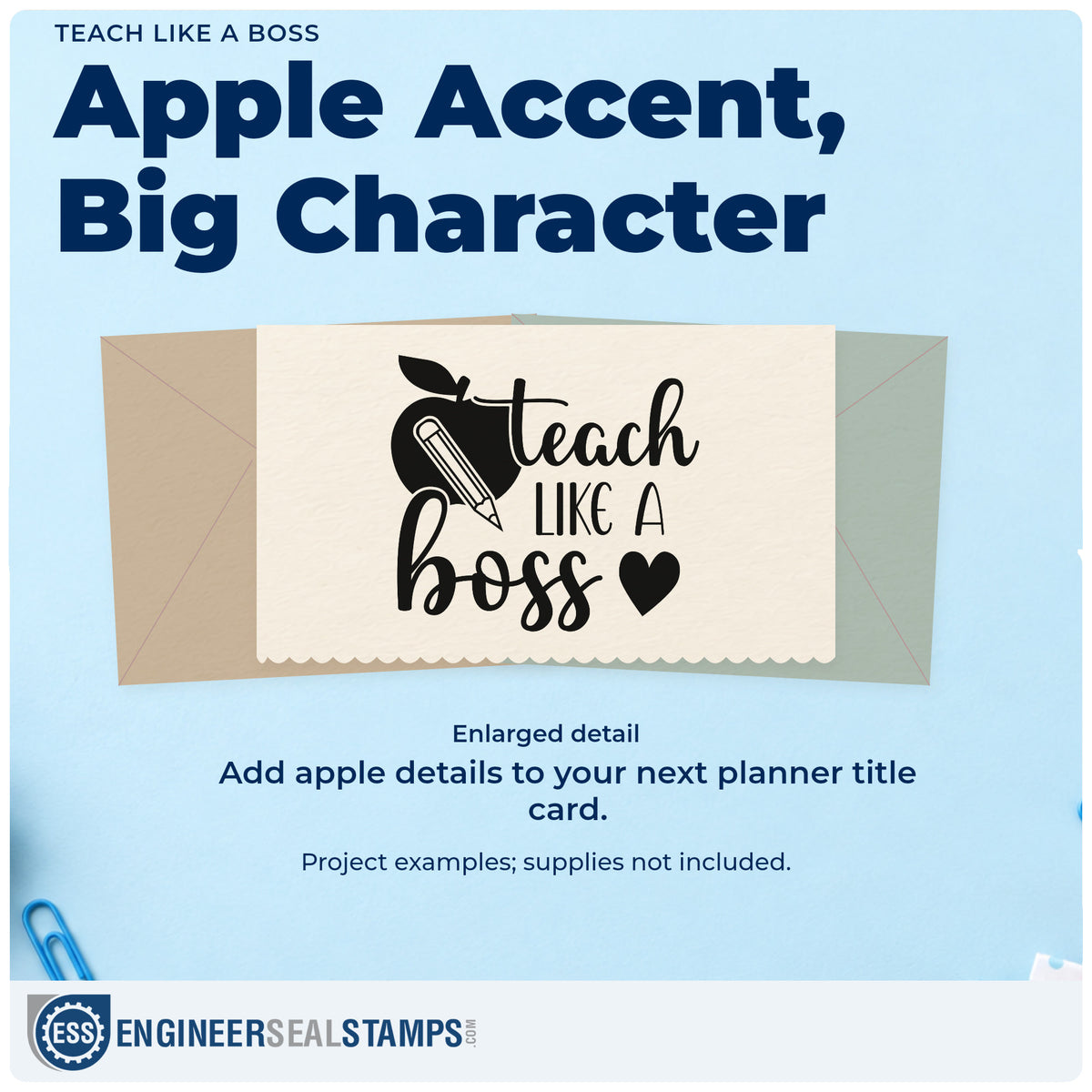Enlarged detail of the Teach Like A Boss Wood-Mounted Rubber Stamp imprint. An apple, pencil, and heart accompany "Teach like a boss."