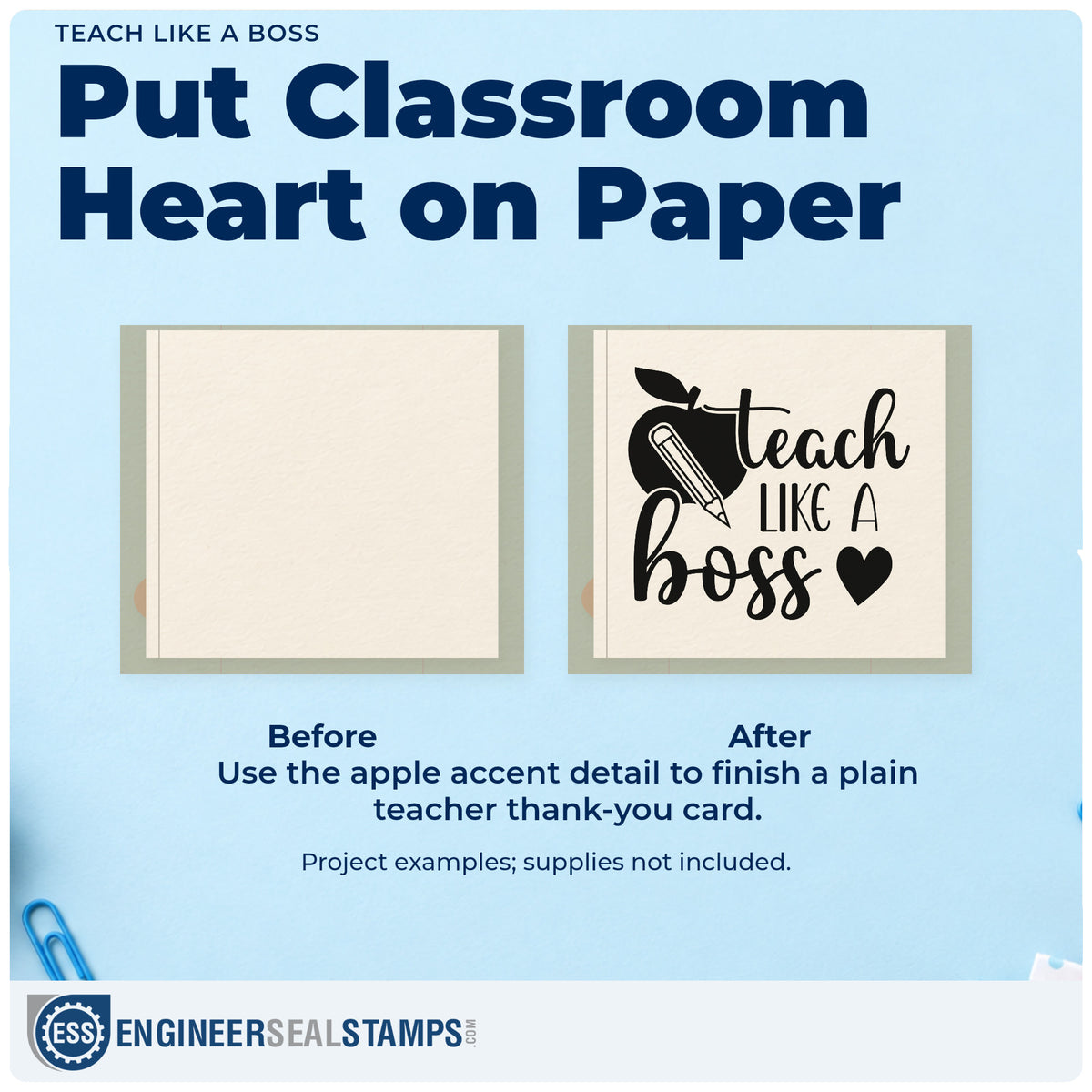 Before and after of a plain item finished with the Teach Like A Boss Wood-Mounted Rubber Stamp, a quick upgrade for coffee cart bands.