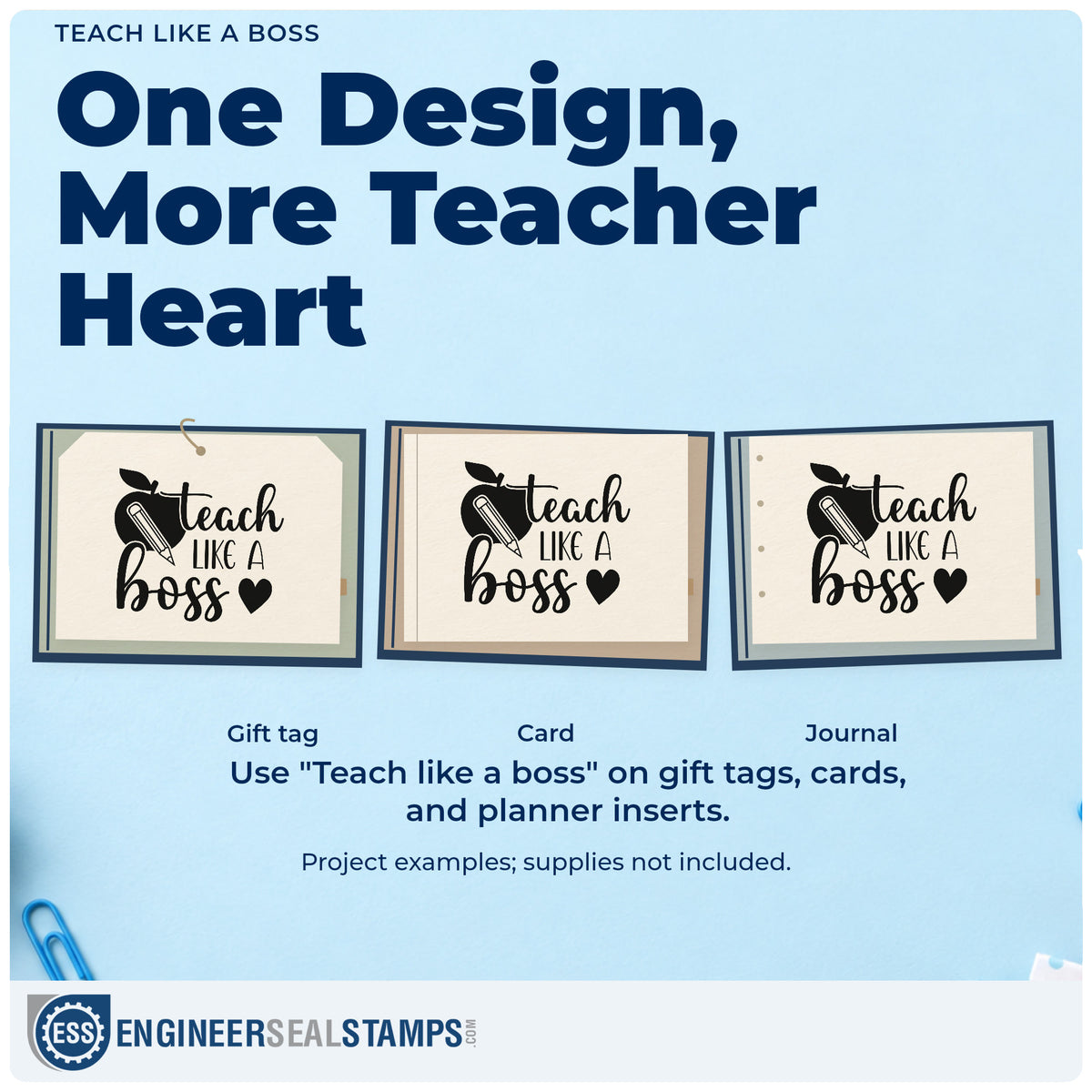 Three project examples made with the Teach Like A Boss Pre-Inked Stamp – Slim, including desk caddy labels.