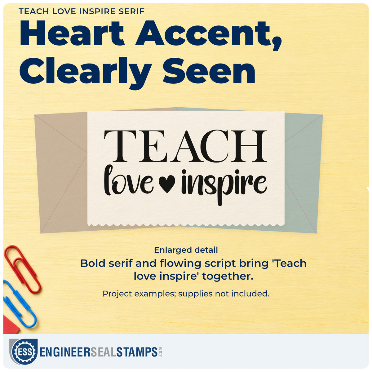 Enlarged detail of the Self-Inking Teach Love Inspire Serif With Hearts Stamp imprint. Large serif "Teach" lettering sits above "Love" and "Inspire," separated by a heart.