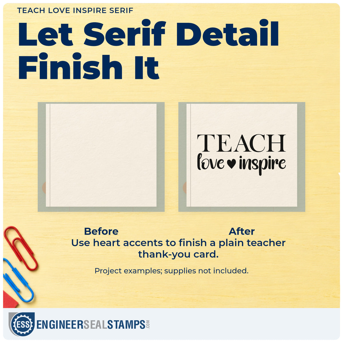 Before and after of a plain item finished with the Teach Love Inspire Serif With Hearts Slim Pre-Inked Stamp, a quick upgrade for program menu labels.