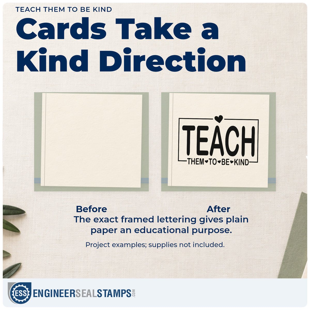 Before and after of a plain item finished with the Teach Them To Be Kind With Hearts Self-Inking Stamp, a quick upgrade for donation bin labels.