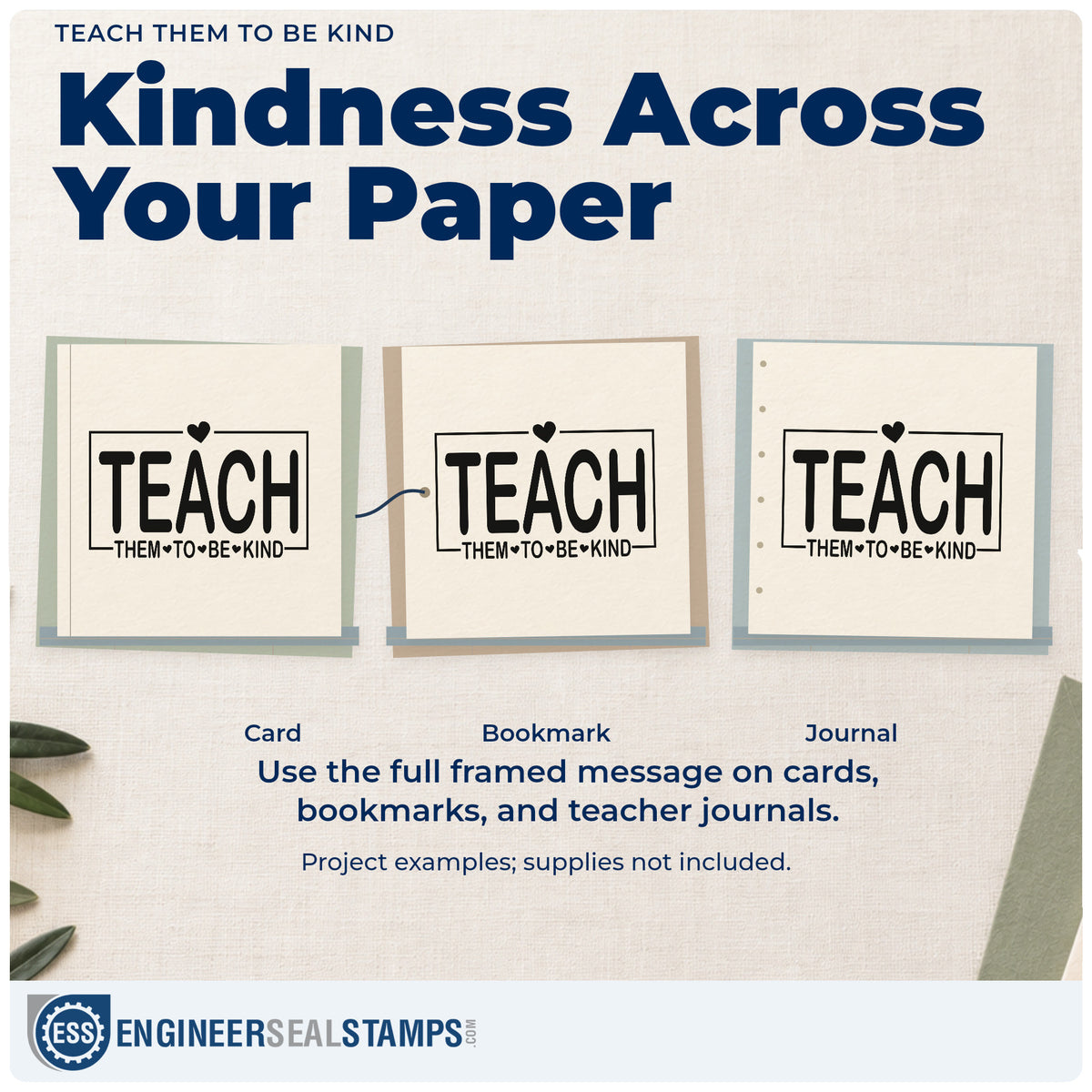 Three project examples made with the Duo Hand Teach Them To Be Kind With Hearts Rubber Stamp, including lunch note crafts.