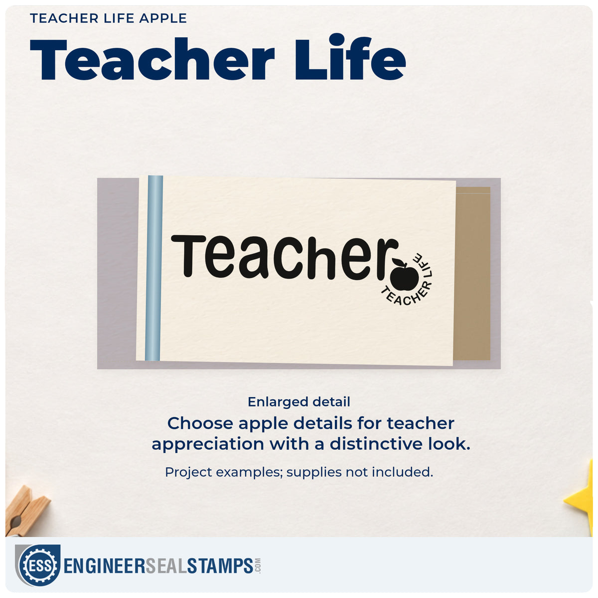 Enlarged detail of the Teacher Life Apple Rubber Stamp – Wood Handle imprint. Rounded "Teacher" lettering ends beside a small apple encircled by "Teacher life."