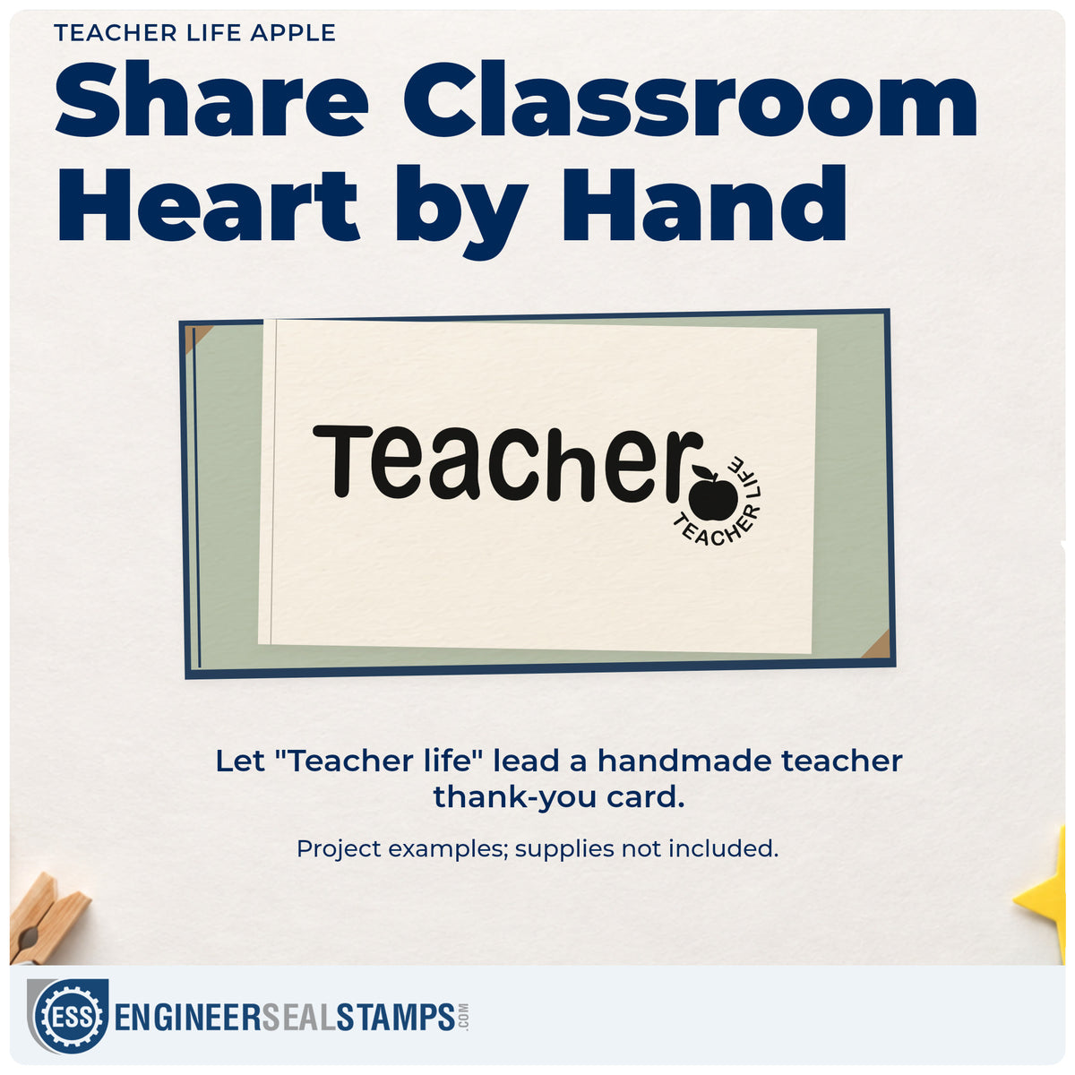 A finished handmade project stamped with the Teacher Life Apple Rubber Stamp – Wood Handle, ideal for staff gift tags.