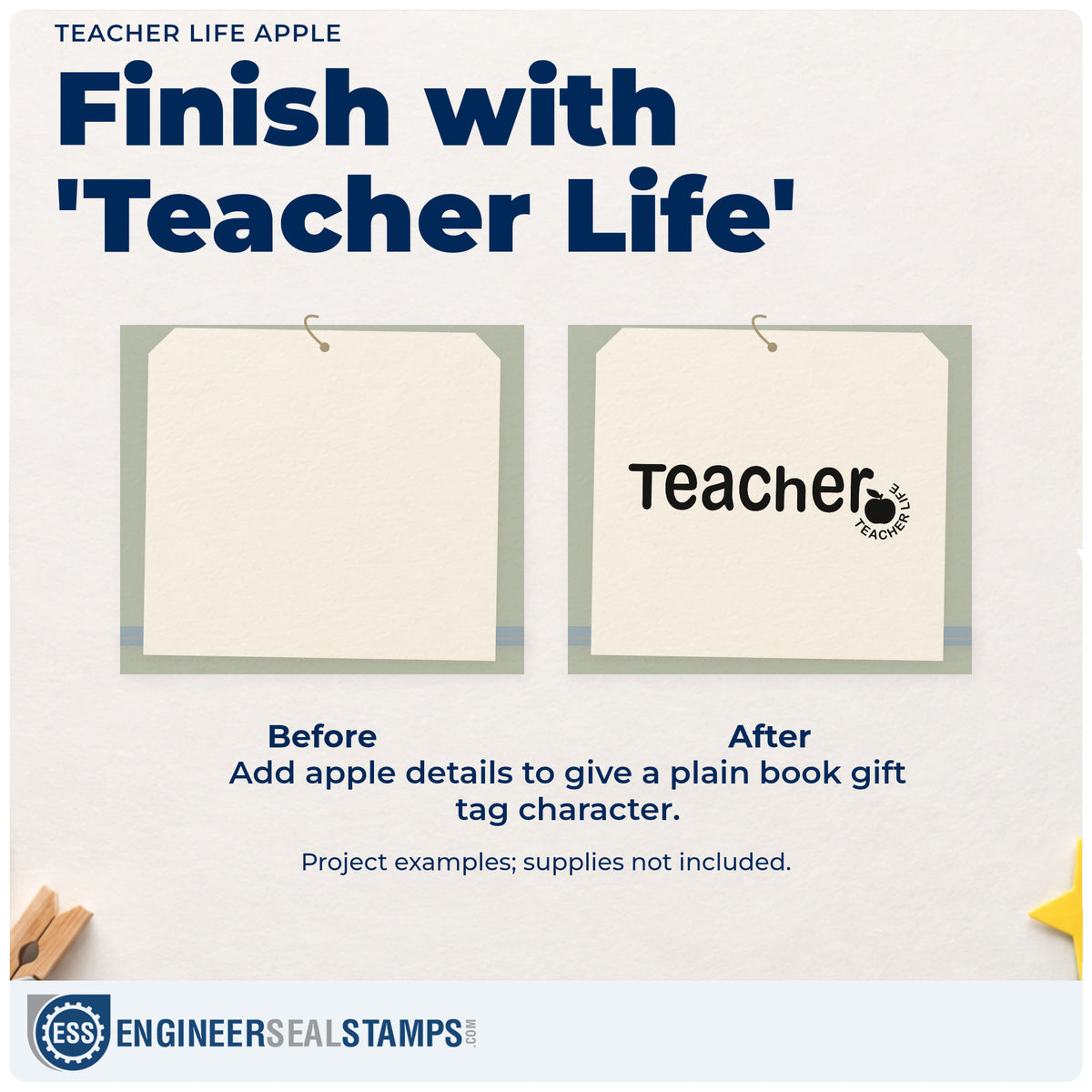 Before and after of a plain item finished with the Teacher Life Apple Rubber Stamp – Wood Handle, a quick upgrade for jar lid labels.