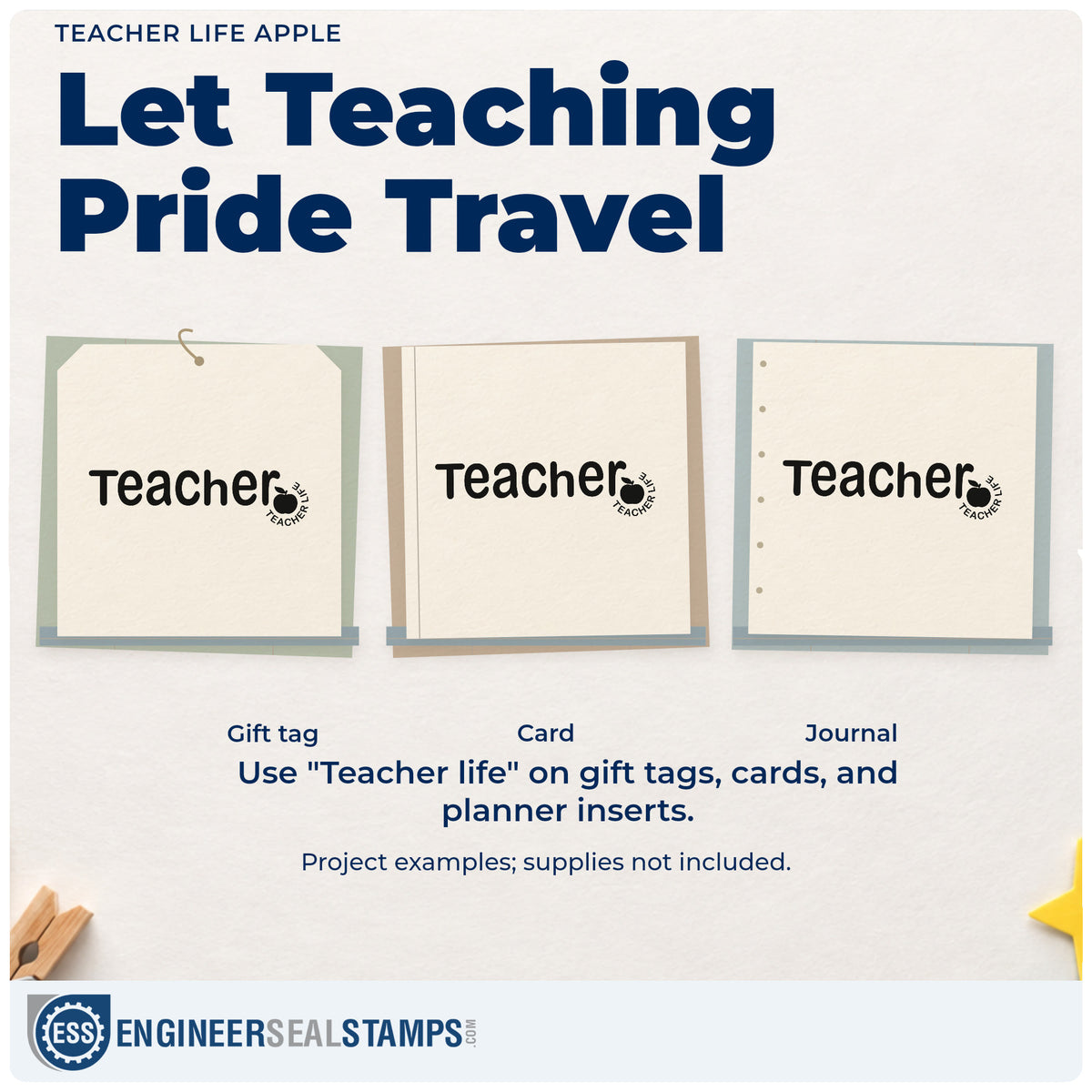 Three project examples made with the Teacher Life Apple Hand Stamp – Duo, including button pin crafts.