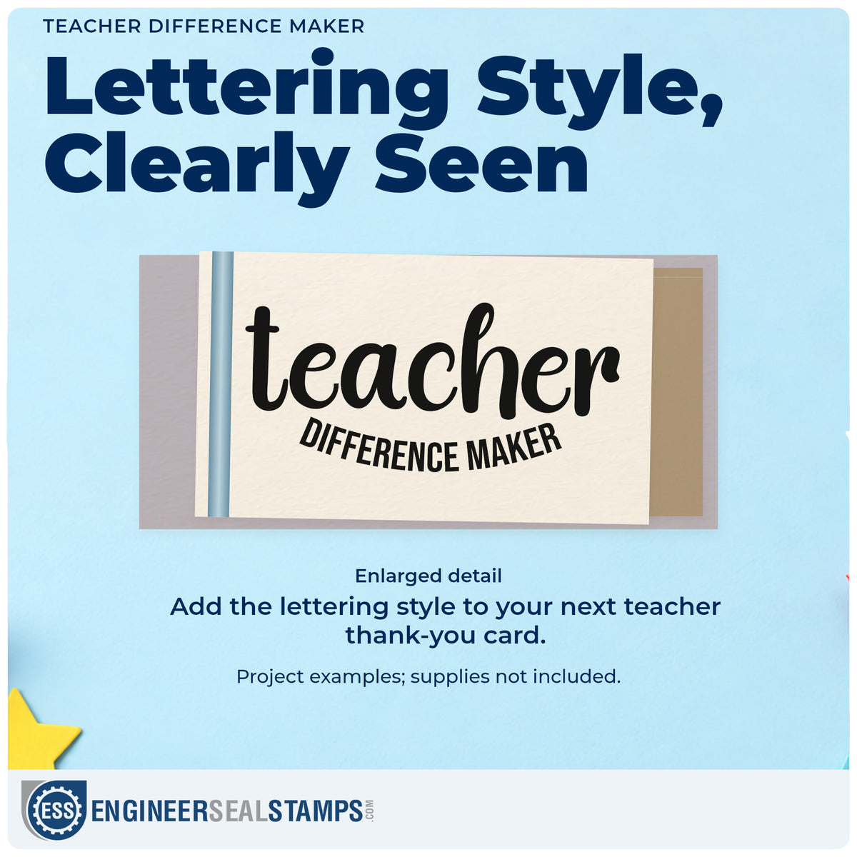 Enlarged detail of the Premium Wooden Teacher Difference Maker Lettering Stamp - Vintage Pro imprint. Large "Teacher" lettering sits above curved "Difference maker."