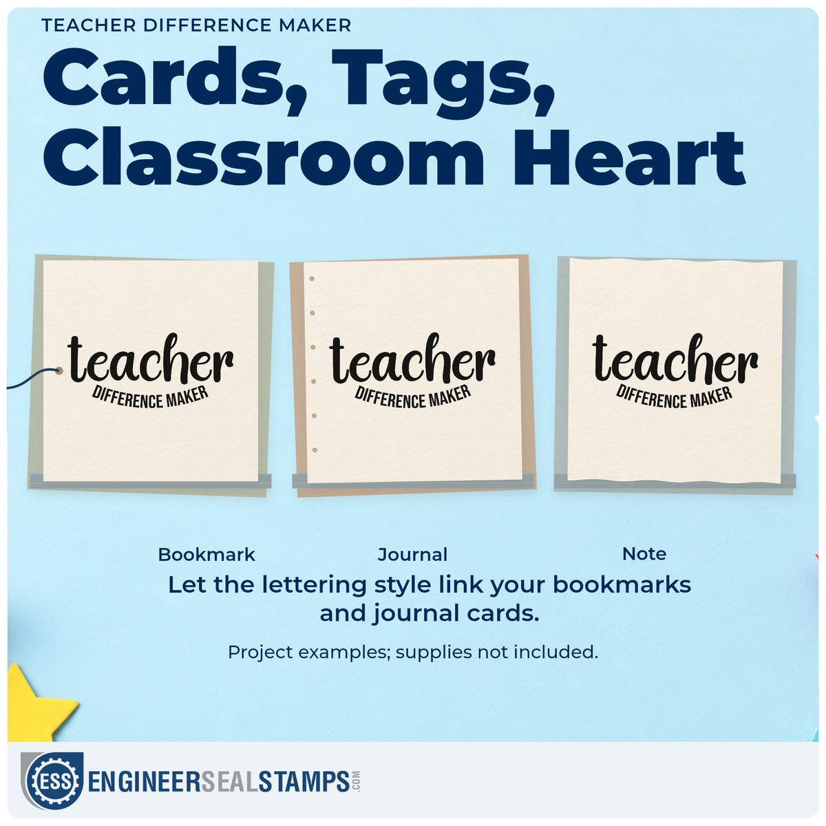 Three project examples made with the Teacher Difference Maker Lettering Rubber Stamp – Duo Hand, including award plaque labels.