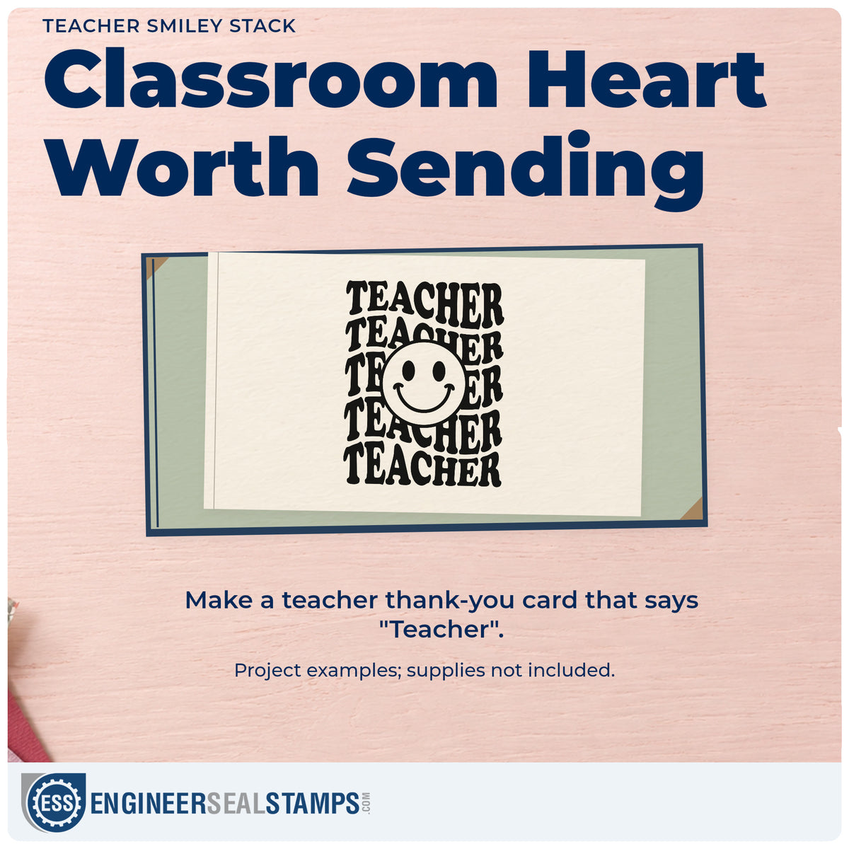 A finished handmade project stamped with the Teacher Smiley Stack Rubber Stamp – Wood Handle, ideal for team teaching tags.