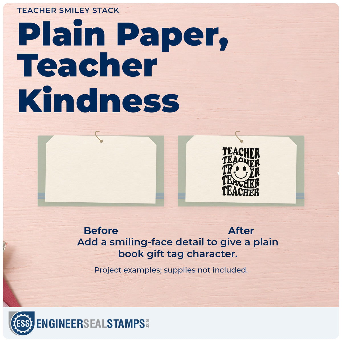 Before and after of a plain item finished with the Pre-Inked Teacher Smiley Stack Stamp – PSI, a quick upgrade for tumbler wrap labels.