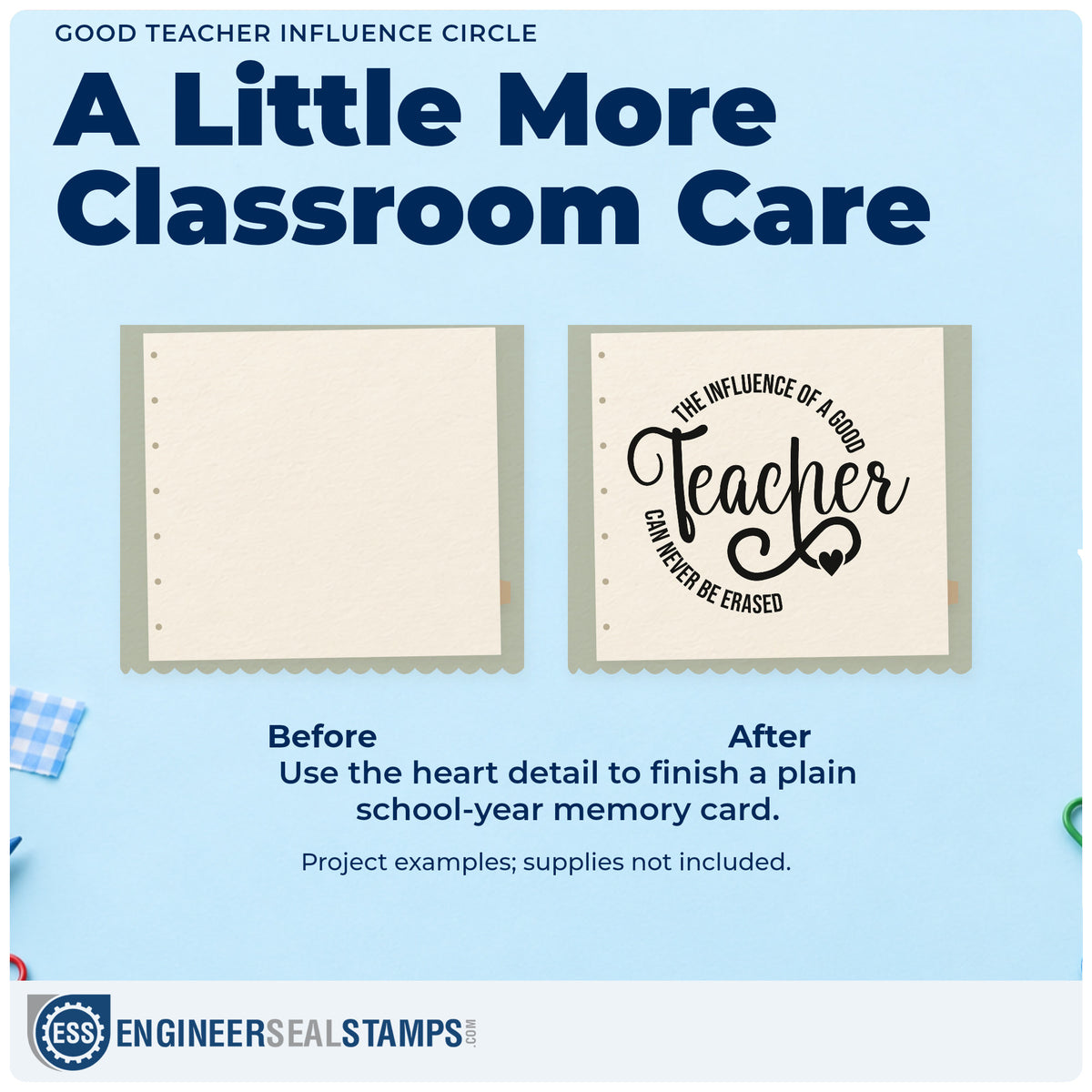Before and after of a plain item finished with the The Influence Of A Good Teacher Can Never Be Erased PSI Pre-Inked Stamp, a quick upgrade for candle lid labels.
