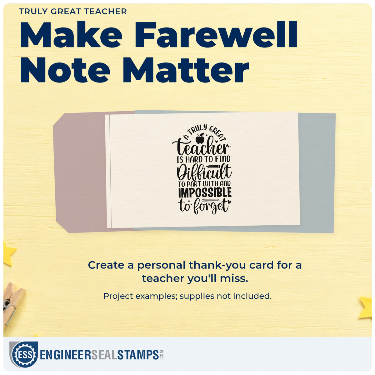 A finished handmade project stamped with the Truly Great Teacher Slim Pre-Inked Stamp, ideal for transfer day tags.