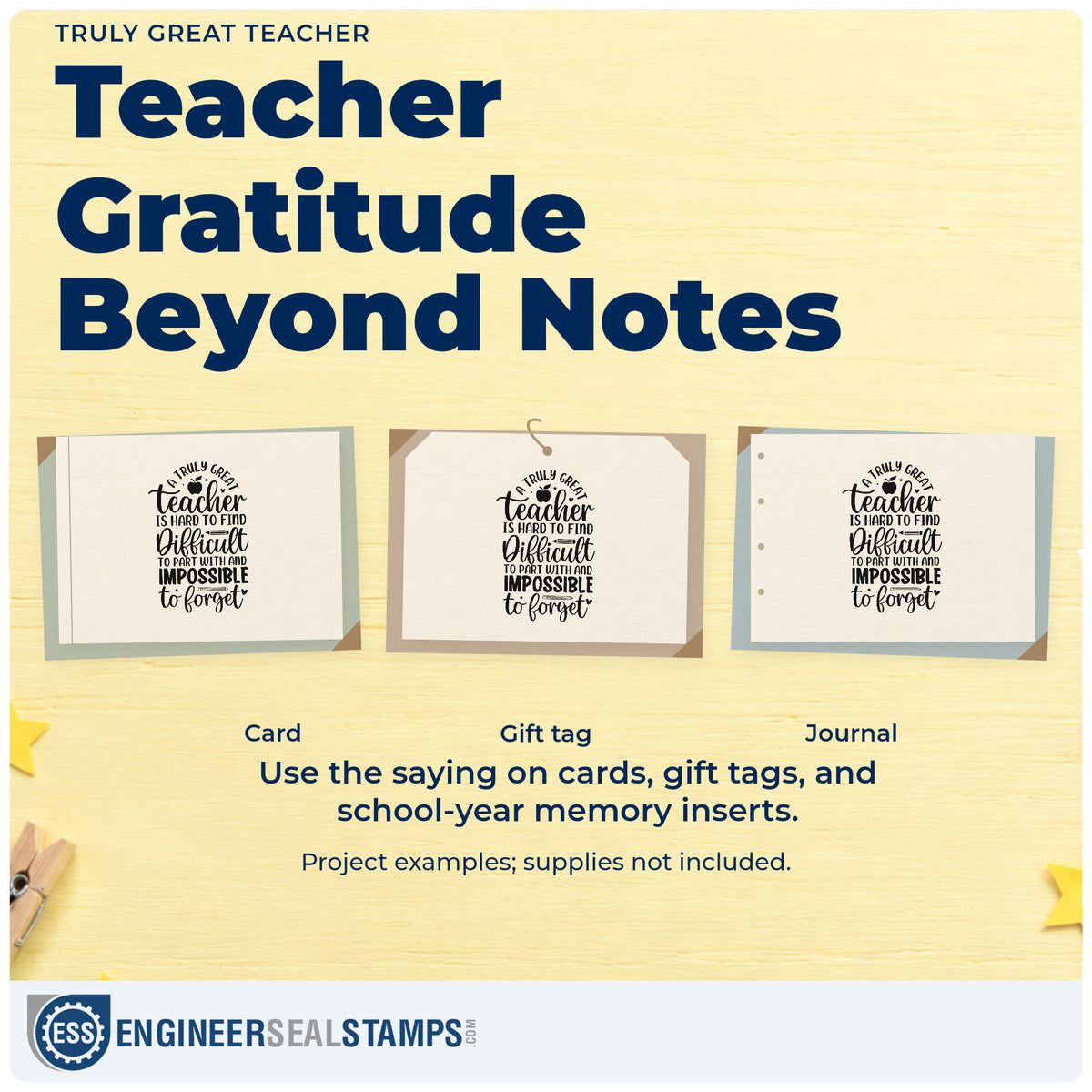 Three project examples made with the Truly Great Teacher Slim Pre-Inked Stamp, including keepsake box labels.