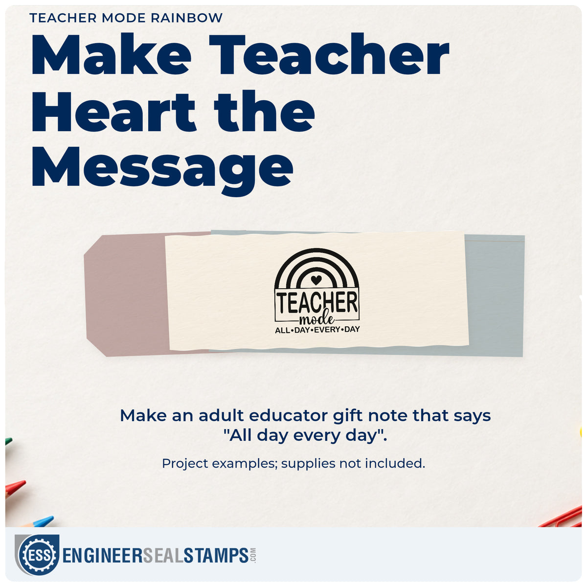 A finished handmade project stamped with the Teacher Mode Rainbow With Hearts Premium Wooden Stamp - Vintage Pro, ideal for morning routine tags.
