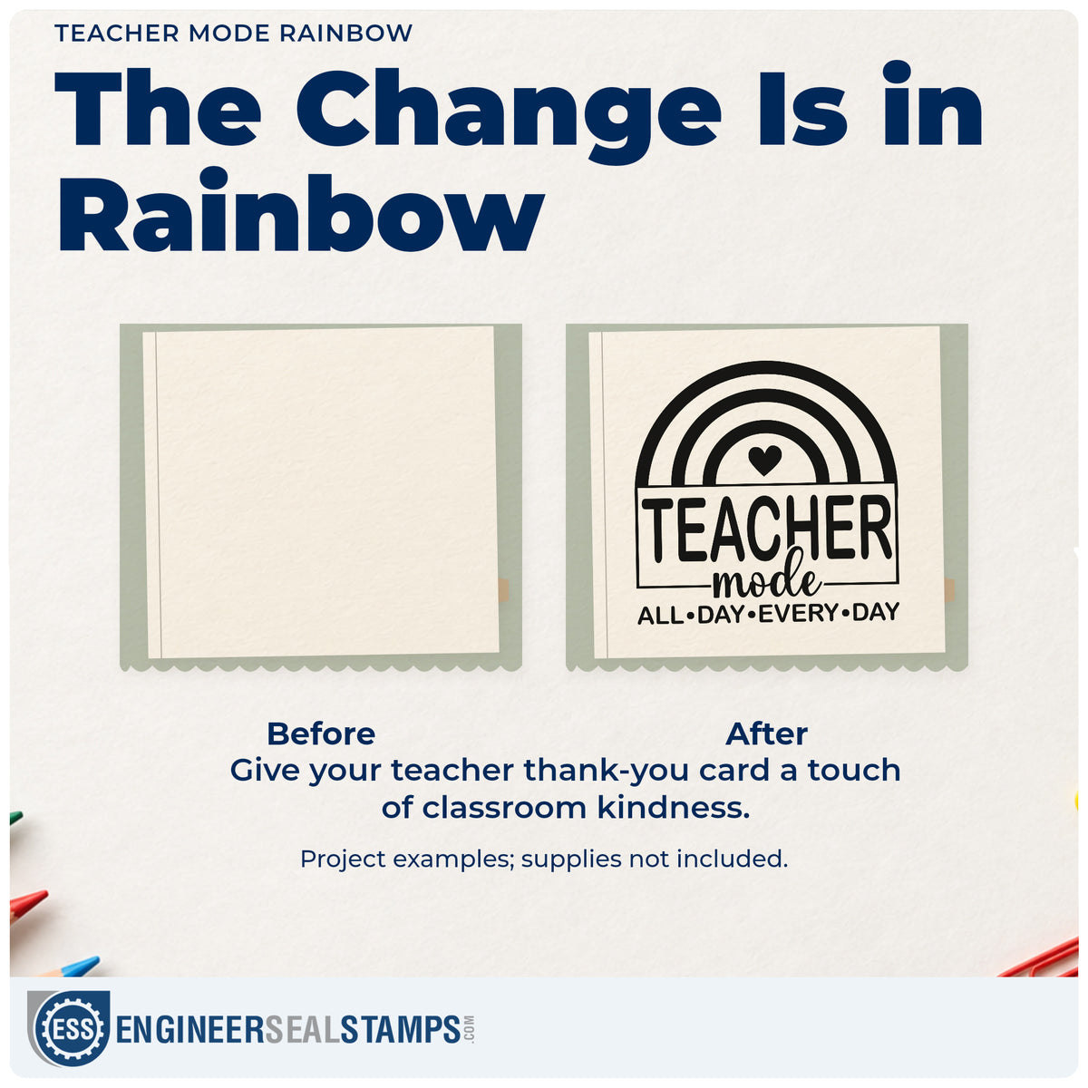 Before and after of a plain item finished with the Teacher Mode Rainbow With Hearts Wood Handle Stamp, a quick upgrade for car visor labels.