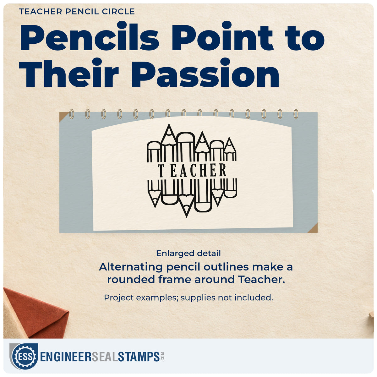 Enlarged detail of the Teacher Pencil Circle Self-Inking Stamp imprint. Outlined pencils pointing upward and downward form a rounded frame around "Teacher."