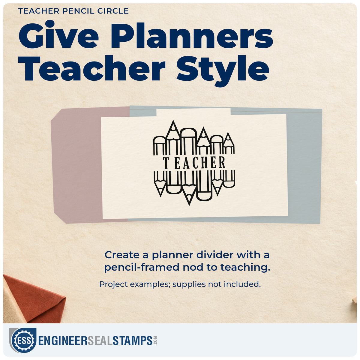 A finished handmade project stamped with the Teacher Pencil Circle Premium Wood-Mounted Stamp - Vintage Pro, ideal for sharpener kit tags.