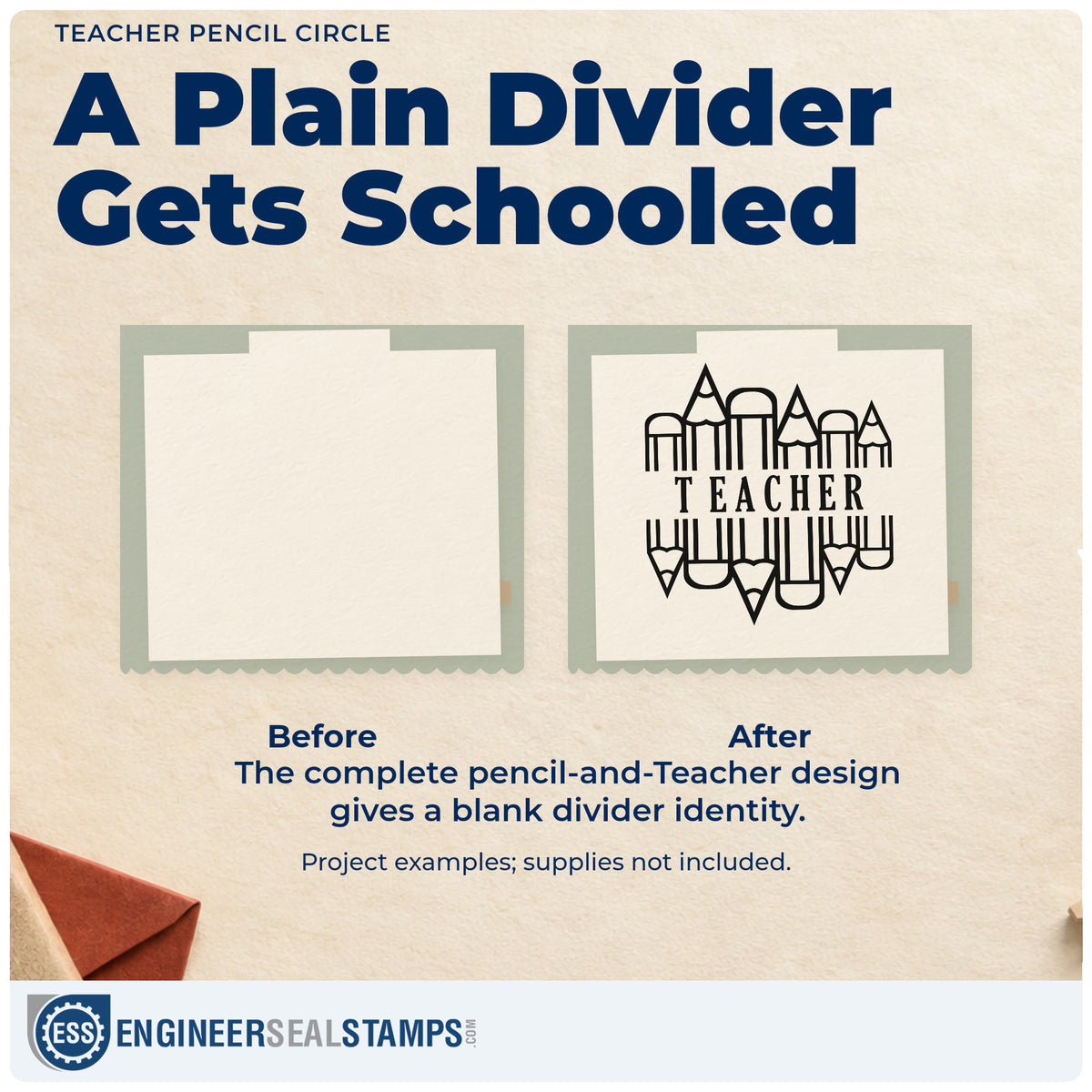 Before and after of a plain item finished with the Teacher Pencil Circle Self-Inking Stamp, a quick upgrade for supply drive labels.